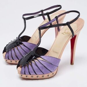 Christian Louboutin Purple Suede and Black Patent Zigounette Spiked Slingbacks